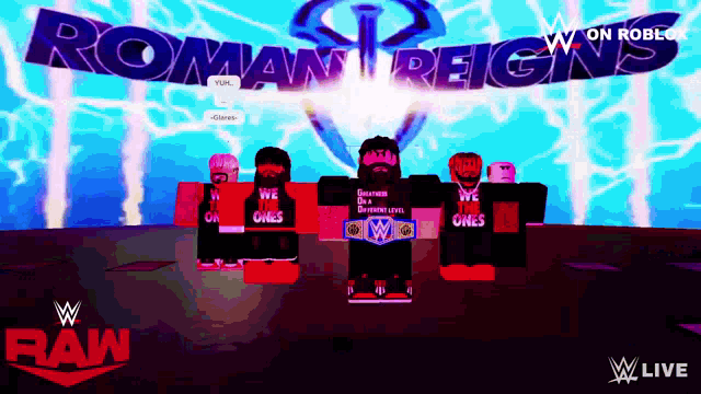 a group of wrestlers are standing in front of a banner that says roman reigns