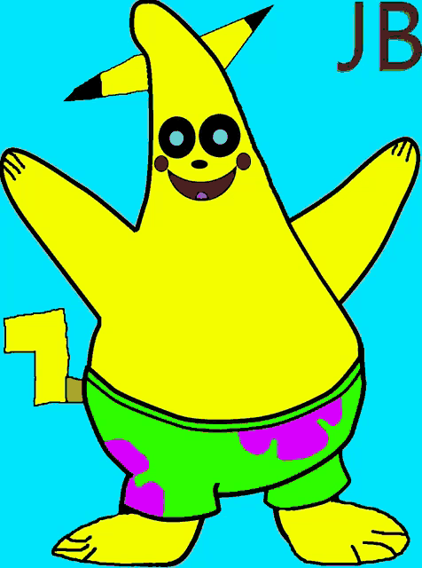 a cartoon drawing of patrick star dressed as pikachu with the letters jb above him