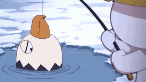 a cartoon character is fishing with a fishing rod and a fish with a hat on its head