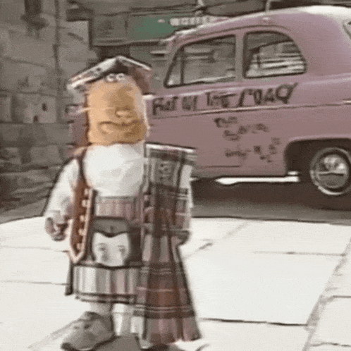 a cartoon character is standing in front of a pink taxi that says " fast on the road "