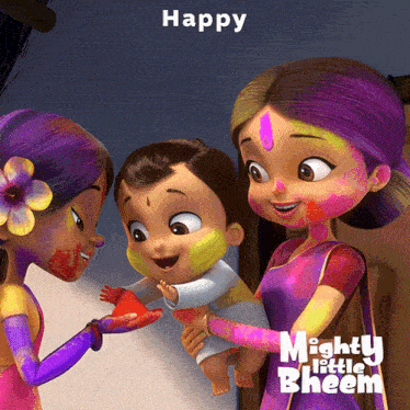 a poster for the mighty little bheem shows two girls holding a baby