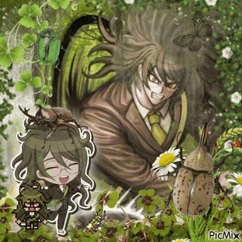 a man in a suit and tie is surrounded by bugs and flowers with a picmix watermark