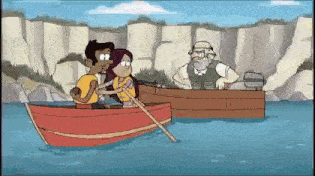 a cartoon of a man and a woman in a rowboat