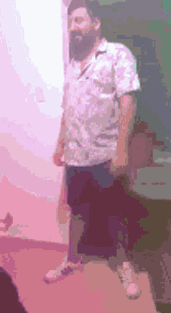 a man with a beard is standing in a room wearing shorts and a shirt .