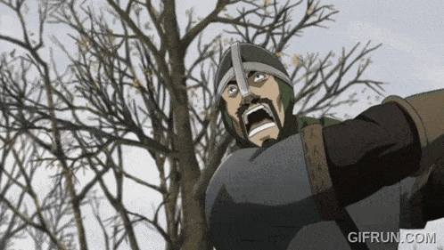 a man with a beard and a helmet is screaming in front of a tree with a gifrun.com watermark