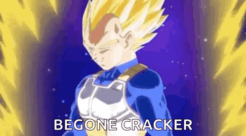 a cartoon character from dragon ball z is standing in front of a purple background .