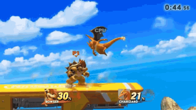 bowser and charizard are playing a video game with a time of 0 : 45.56