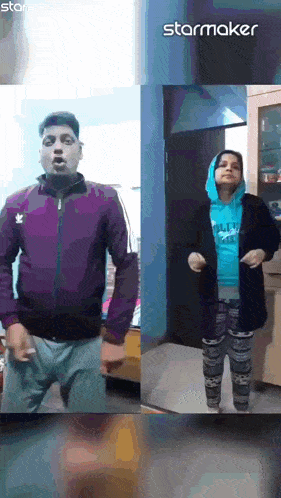 a man in a purple jacket and a woman in a blue hoodie are dancing