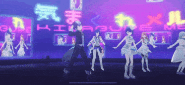 a group of anime characters are dancing on a stage in front of a neon sign that says game .
