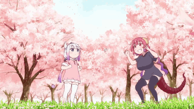 two anime girls are standing in a field with cherry blossom trees