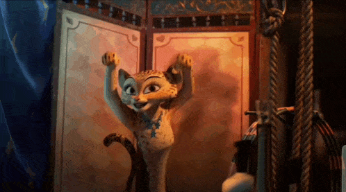 a cartoon cat is standing in a room with its arms up