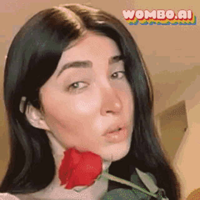 a woman is holding a red rose in her mouth and making a face .
