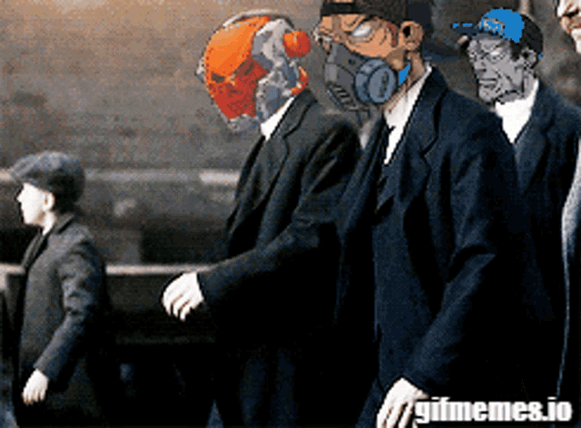a group of men in suits are walking down a street with gifmemes.io written on the bottom
