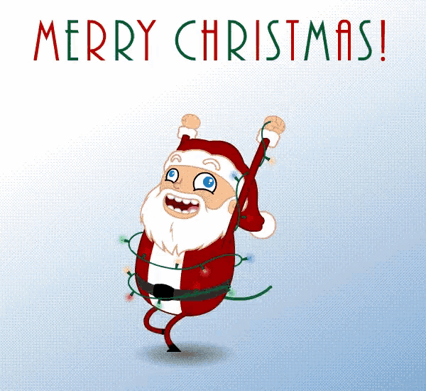 a merry christmas greeting card with a cartoon santa claus