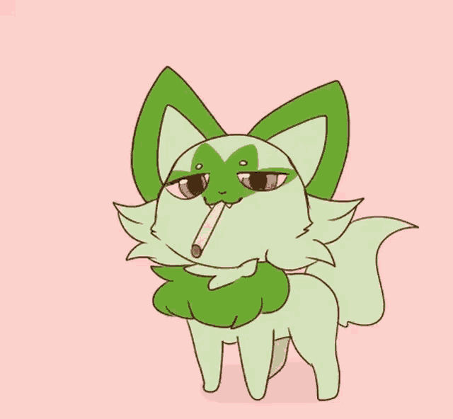 a green and white cartoon cat is smoking a cigarette .