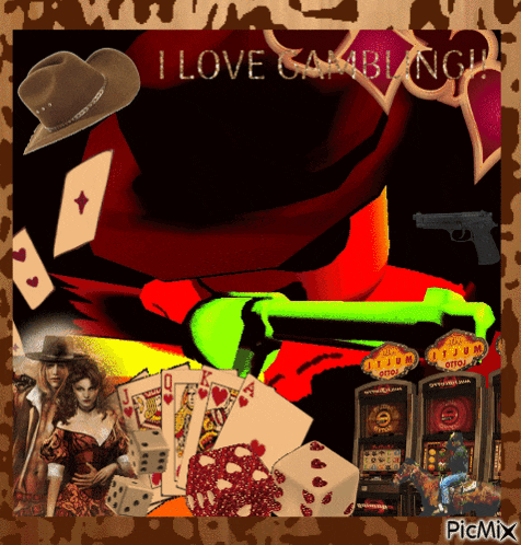 a poster that says i love gambling with cards dice and a slot machine