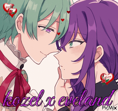 a picture of two anime characters with the words kozel x eveland