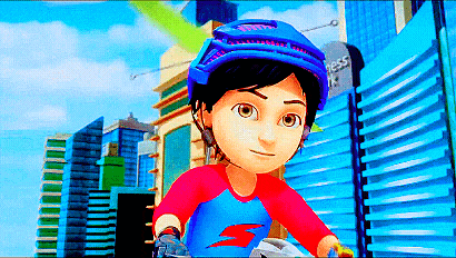a cartoon character wearing a blue helmet and a red shirt is riding a bike