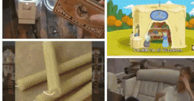 a collage of images shows a clock and a princess castle