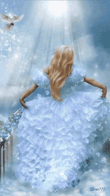 a painting of a woman in a blue dress with the name brus777 on the bottom right