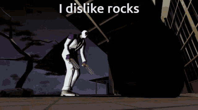 a cartoon character is holding a gun and says " i dislike rocks " on the bottom