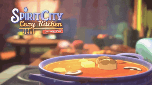 an advertisement for spirit city cozy kitchen with a pot of soup on a stove