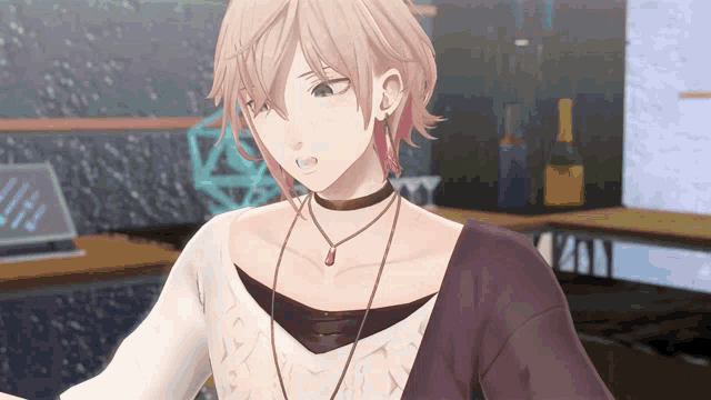 a girl wearing a choker and a necklace with a red pendant