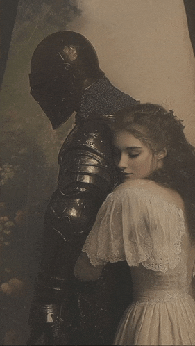 a woman in a white dress is hugging a knight in armor