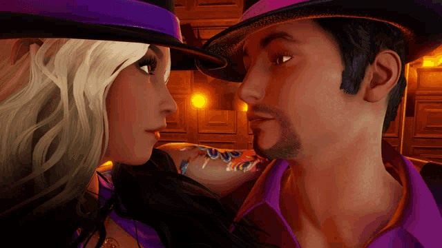a man in a purple shirt and a woman in a purple hat are looking at each other