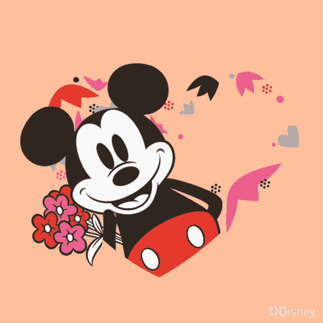 a mickey mouse holding a bouquet of flowers with the words love you behind him