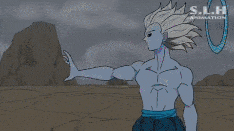 a cartoon character with blue hair and green arms is standing in front of a explosion .