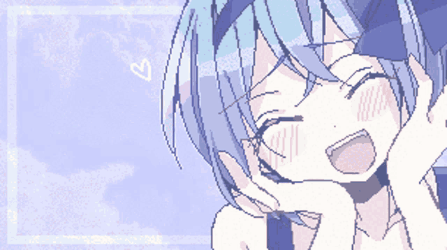 a pixel art drawing of a girl with blue hair and a heart in the background