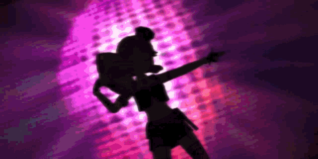 a silhouette of a cartoon character dancing in front of a purple background .