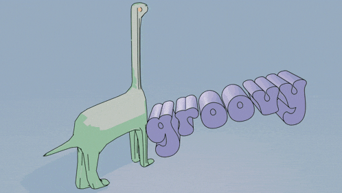 a drawing of a dinosaur with the word groovy written in purple