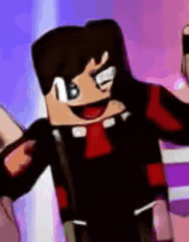 a close up of a minecraft character with a purple background