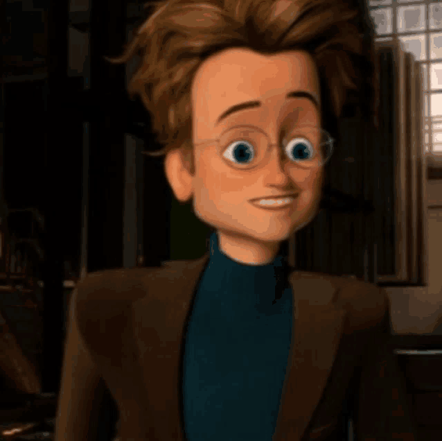 a cartoon character wearing glasses and a brown jacket