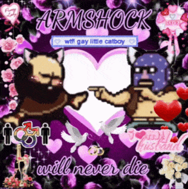 a picture of two cats with the words armshock will never die on it