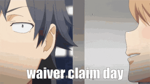 two anime characters are looking at each other with the words waiver claim day written below them