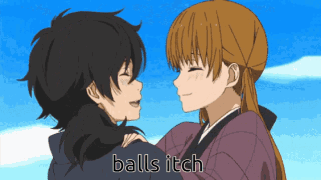 a boy and a girl kissing with the words balls itch above them