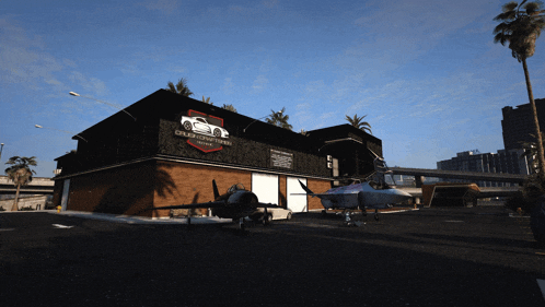 a fighter jet is parked in front of a building that says club for motorsports