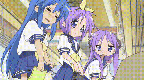 a group of anime girls with blue hair and purple hair are standing next to each other