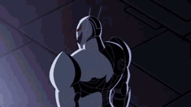 a drawing of a superhero with red eyes