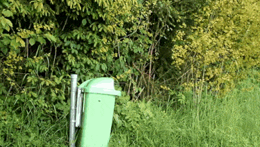a green trash can is sitting in the grass near a fence