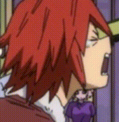 a close up of a cartoon character with red hair and a purple shirt .