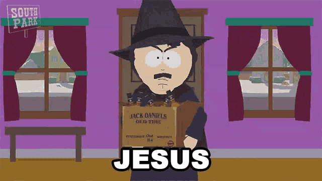 a cartoon character from south park is holding a box of jack daniel 's
