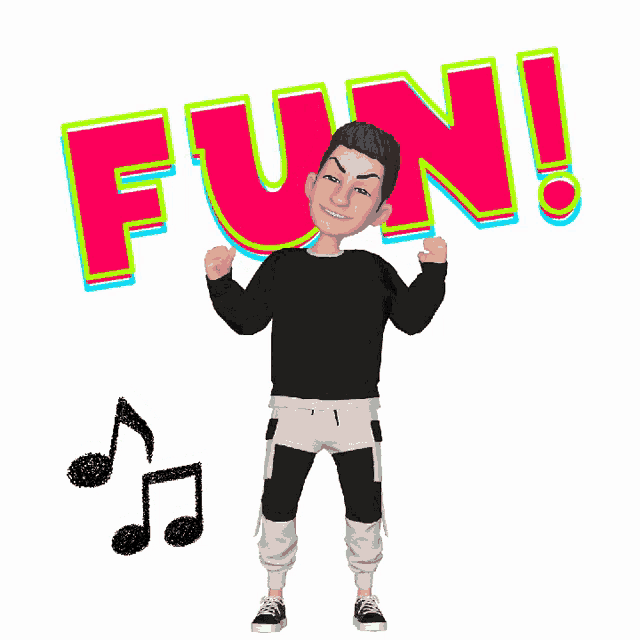 a cartoon character is singing in front of a sign that says fun