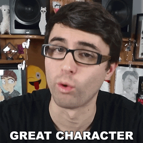a man wearing glasses and a black shirt with the words great character on the bottom