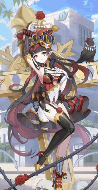 a girl with long red hair is standing on a cross