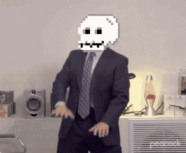 a man in a suit and tie with a pixelated skull on his head
