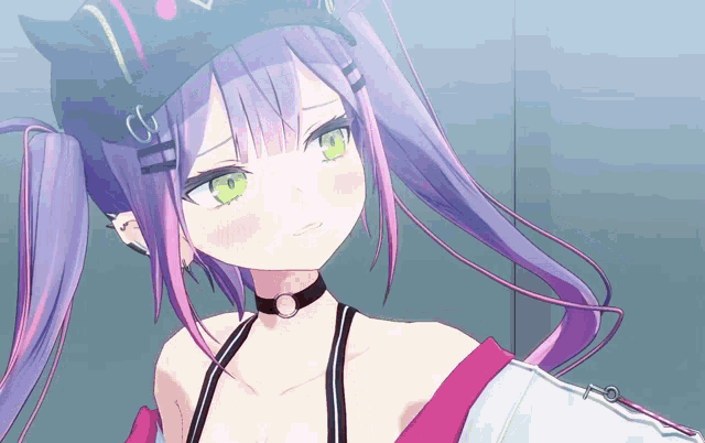 a girl with purple hair and green eyes wearing a choker